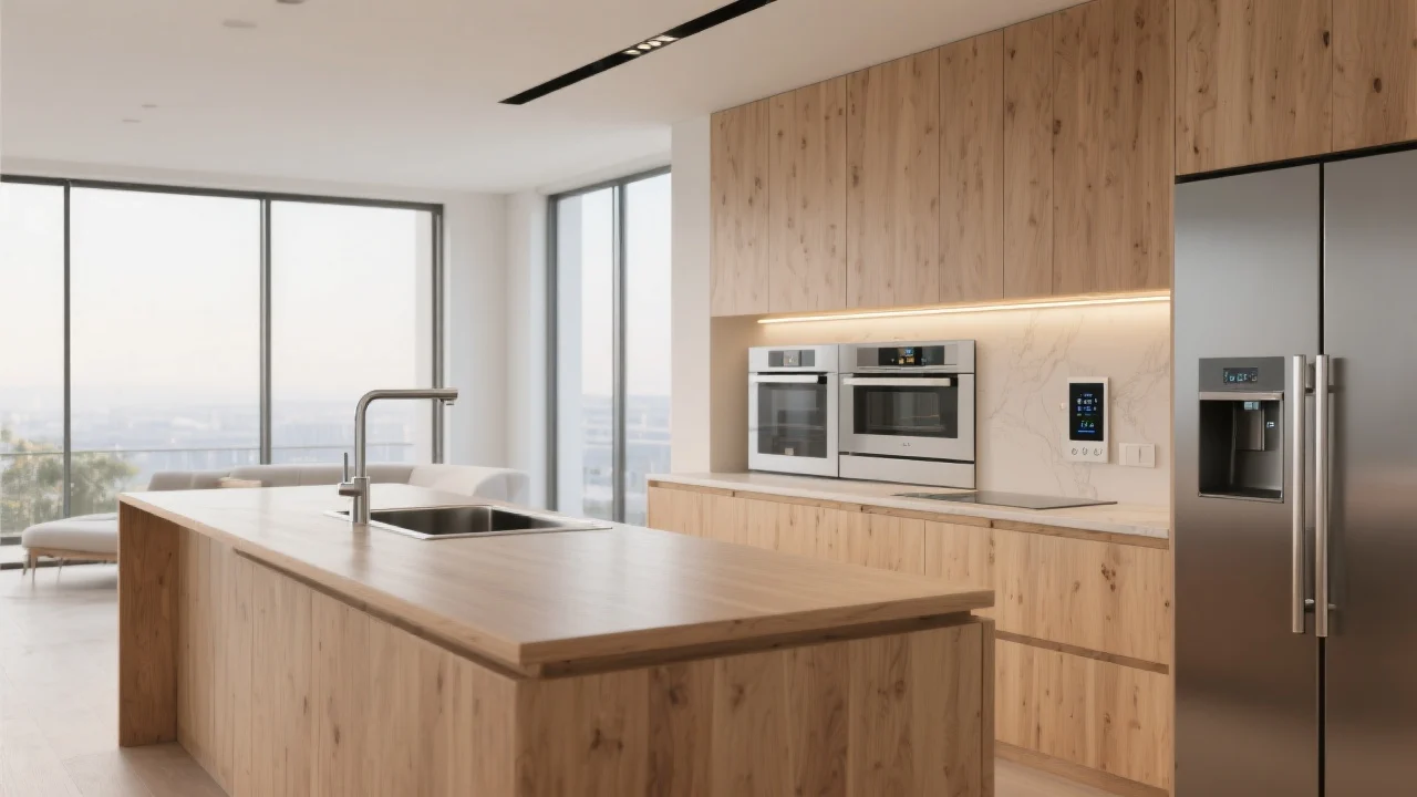 Modern kitchen with smart appliances and home automation controls