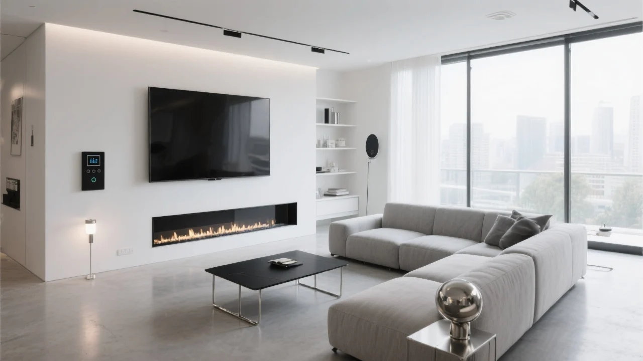 Living room featuring fireplace and integrated smart home control panel