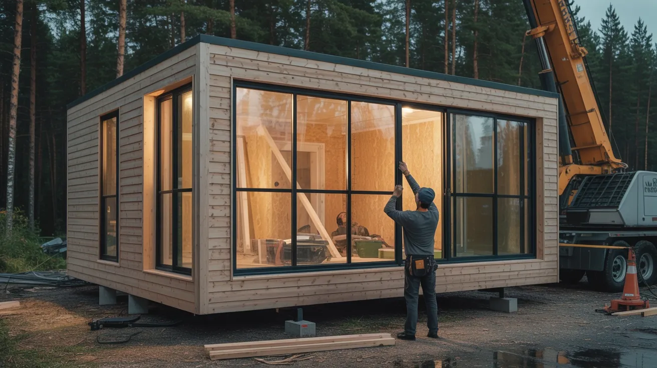 Windows being fitted to wooden cabin