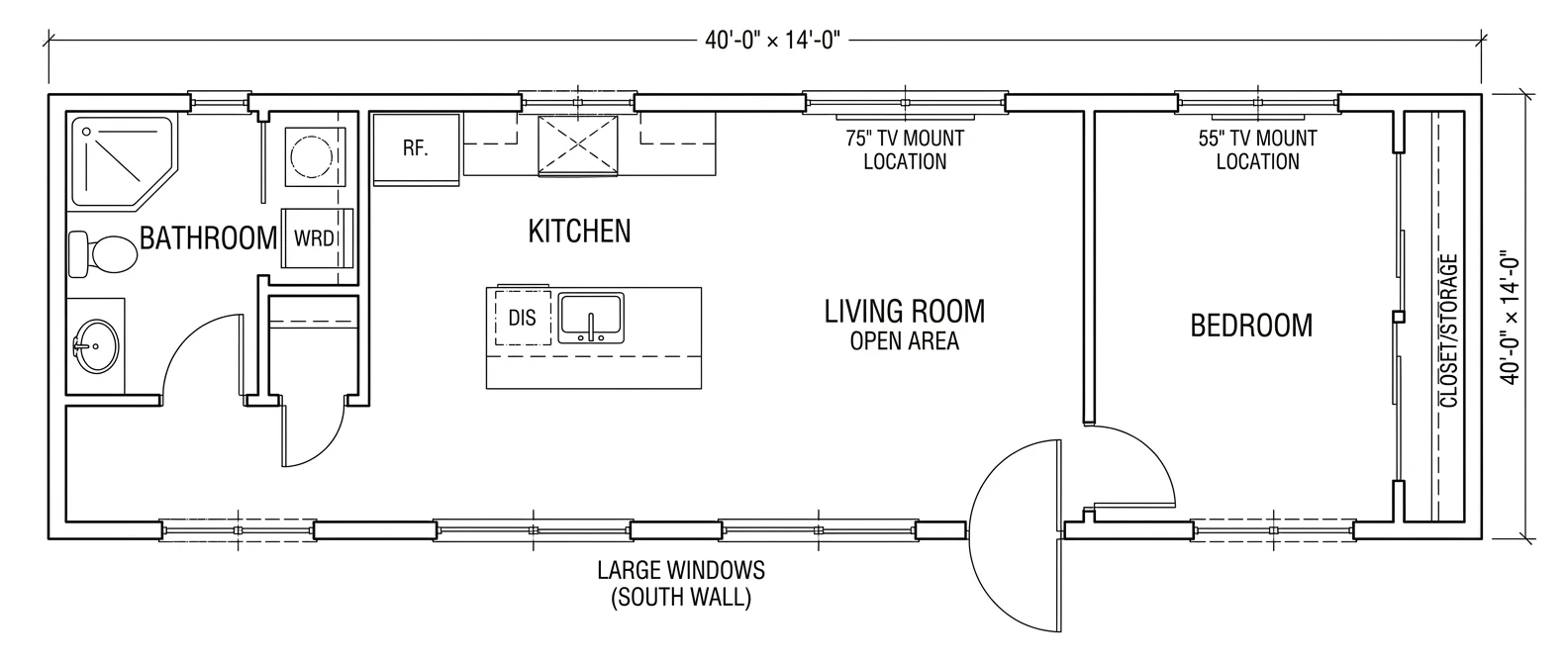 Forest modular home floor plan — 40 ft by 14 ft open concept layout with kitchen, living room, bedroom and bathroom