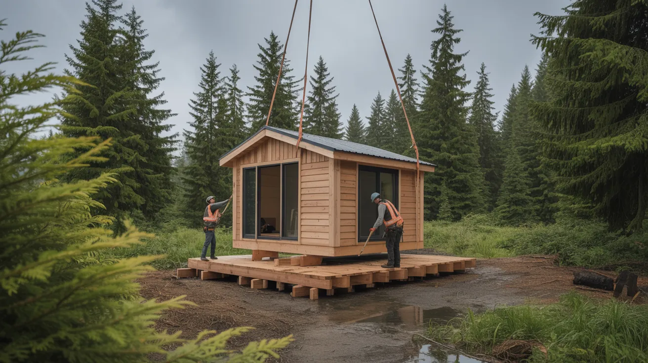 Cabin being positioned on pier foundation