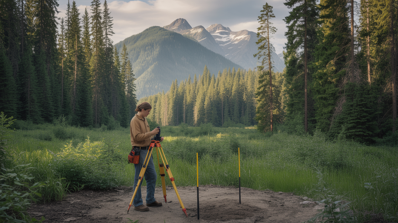 Surveyor marking cabin site in BC forest